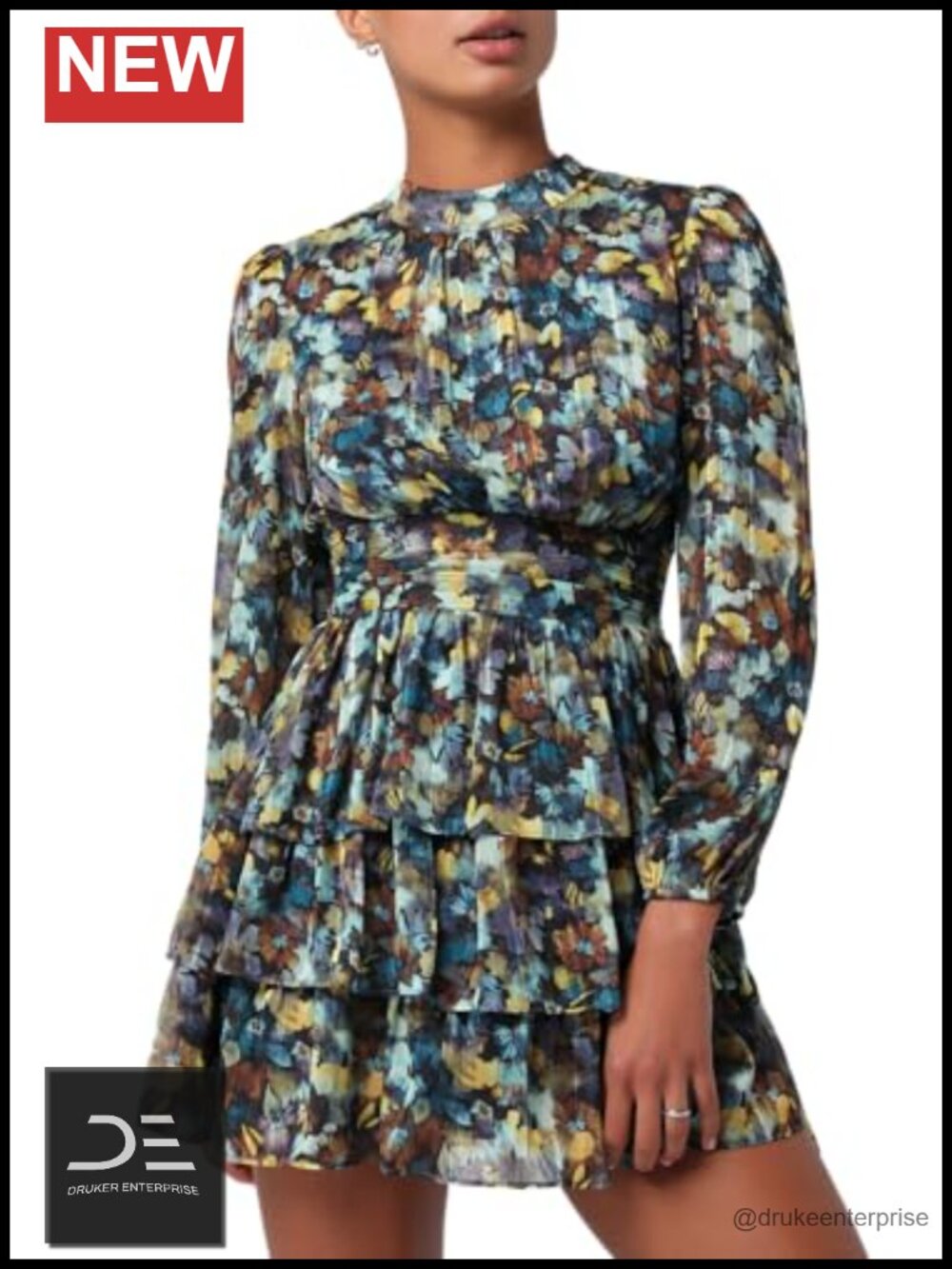 Lulus Zena Tie Back Tiered Mini Dress Floral Mock Neck Long Sleeve